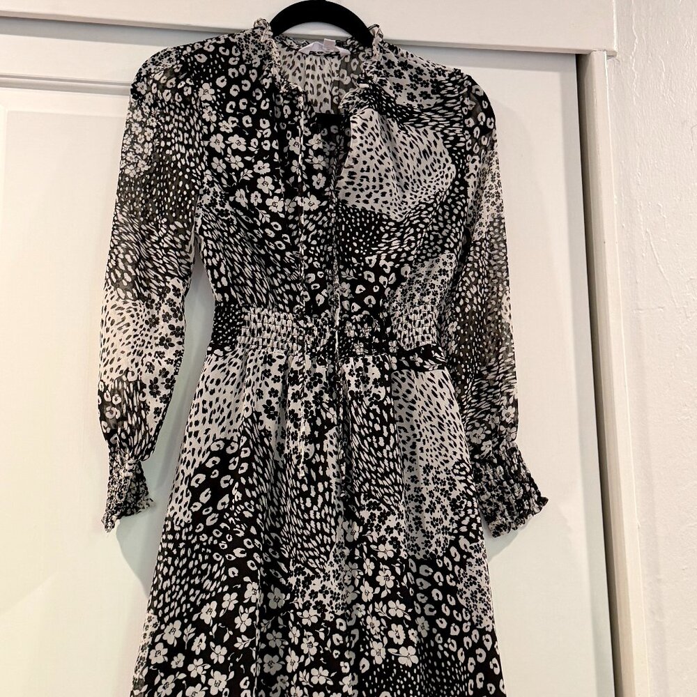 BB Dakota by Steve Madden Black & White Smocked-Waist Long Sleeve Dress XS